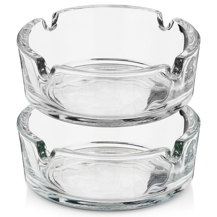 Set De Scrumiera Din Sticla, Vilde, 2 Buc, 8x8x3 cm, Sticla, 4 Adancituri Pentru Tigari, Design Clasic, Utilizare Universala, Transparent