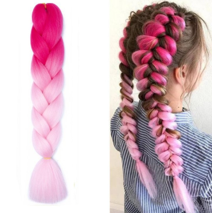 1 buc extensii de par sintetic pentru impletit, pentru femei fete extensii de par colorate, rezistent la caldura, doua culori mixte, usor de purtat, pentru festivaluri, nunti, petreceri, 102g 60 cm, roz deschis