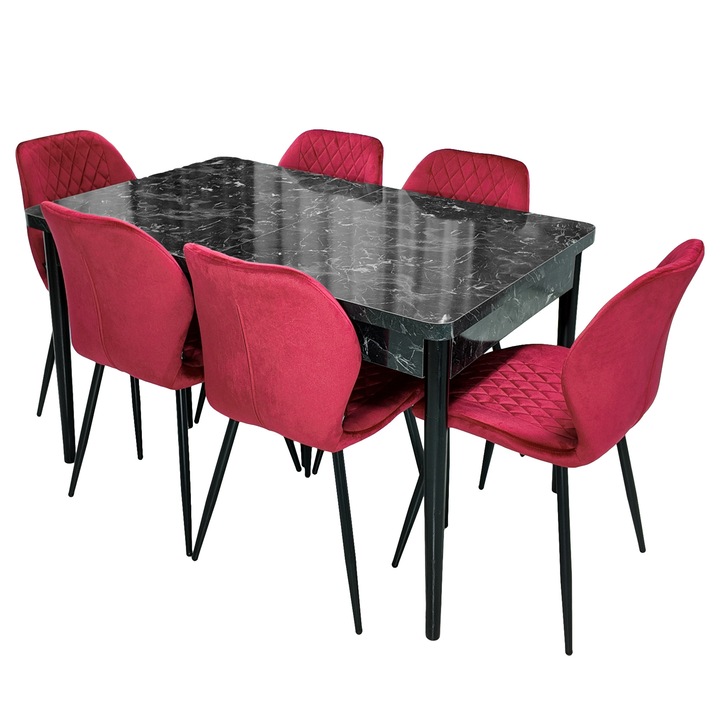 Set masa Napoli Black Marble cu 6 scaune Goteborg visiniu, DENVER, extensibila, picioare vopsite negru, 130x80x76 cm