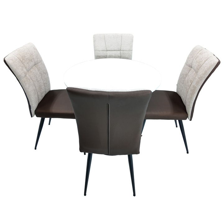 Set masa Innsbruck, DENVER, blat alb si picior negru cu 4 scaune Tivoli, maro cu bej, forma rotunda, 80x73 cm