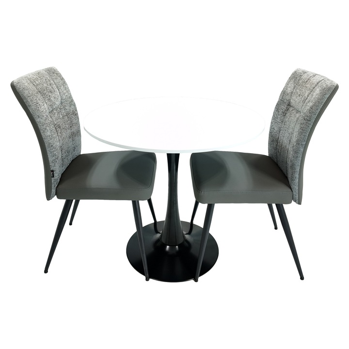 Set masa Innsbruck, DENVER, blat alb si picior negru cu 2 scaune Tivoli, gri cu antracit, forma rotunda, 80x73 cm