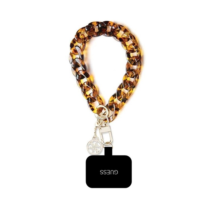 Калъф за телефон: Guess телефон - Hand Strap 4G Charm кафява гривна за телефон - универсална каишка за китка, която може да се постави в калъф