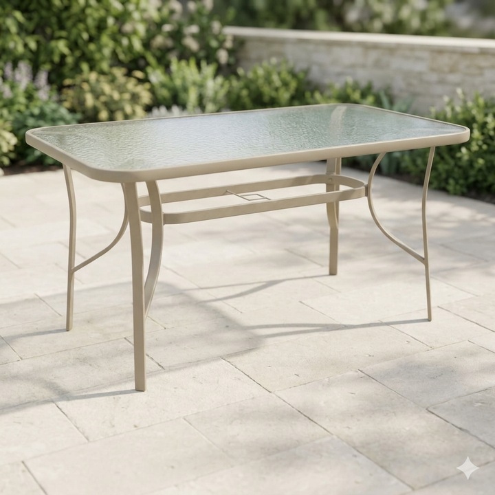 Masa gradina, VivaDeco, model Ensure, Metal si Sticla Securizata, Champagne, 140 x 80 x 70 cm