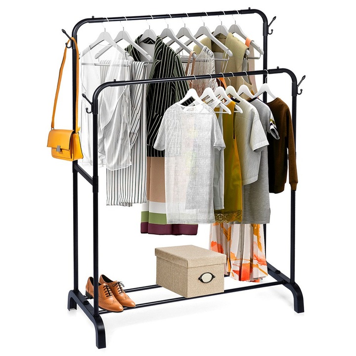 Suport Pentru Haine, Vilde, 110x45x152 cm, Metalic, Doua Bare Si Carlige, Raft Inferior Practic, Capacitate Maxima 20 Kg, Negru