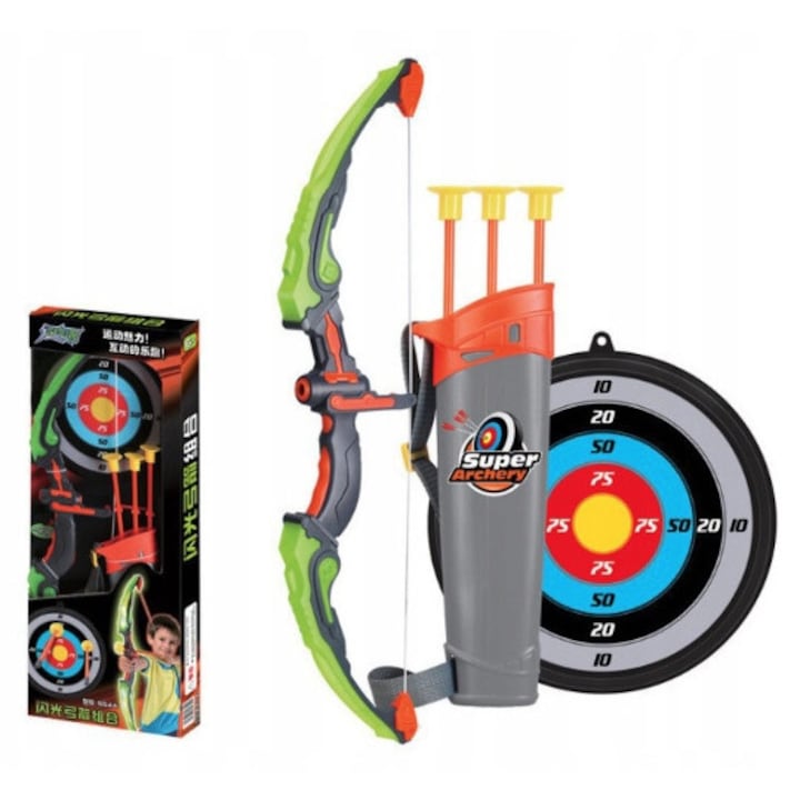 Készlet, Fantasztikus, Íj, 62 cm, 3 nyíl, világító, Többszínű, A készlet tartalma: íj fénnyel, táska, 3 nyíl tapadókorongokkal, céltábla, Műanyag, Íj hossza: 62 cm, Világító hatású, Ideális gyermekek számára