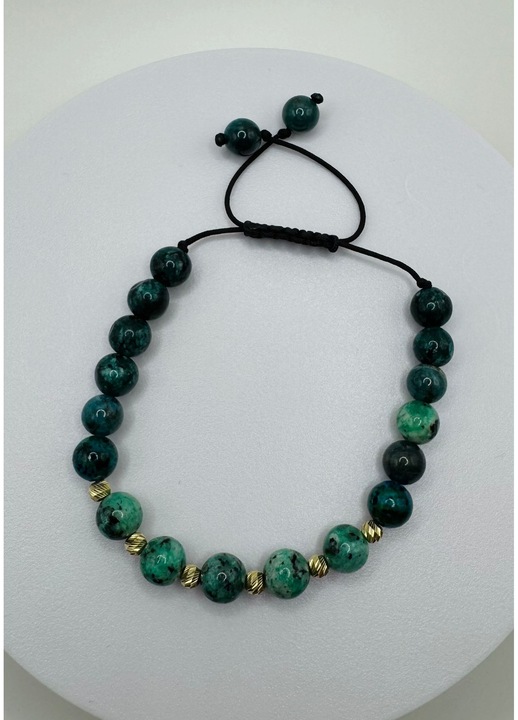 Bratara pe snur reglabil cu 6 bile din AUR 14K de 4 mm si pietre semipretioase din JAD verde
