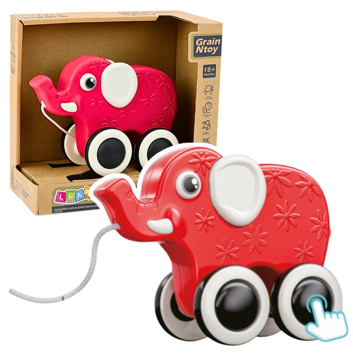 Jucarie de tras, LEAN TOYS, elefant rosu, ecologic, 19,5x14x9,5cm