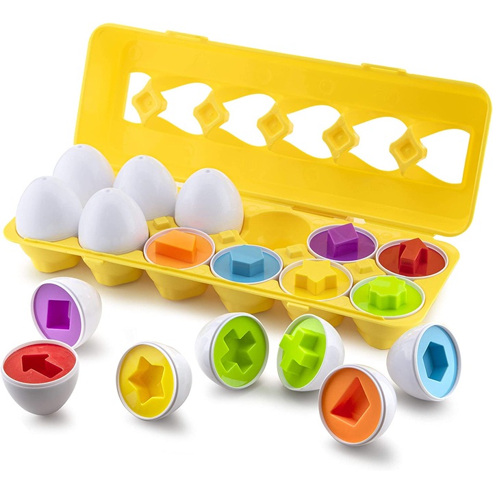 Joc Montessori Puzzle cu forme geometrice sub forma de Cofrag de oua, Joc Asocieri Matching Eggs – Potriveste jumatatile de ou