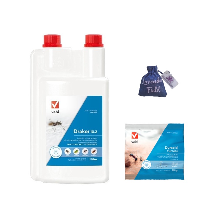 Solutie Draker 10.2 anti insecte taratoare si zburatoare si Duracid furnici 150 gr si sac lavanda Lf 10 gr