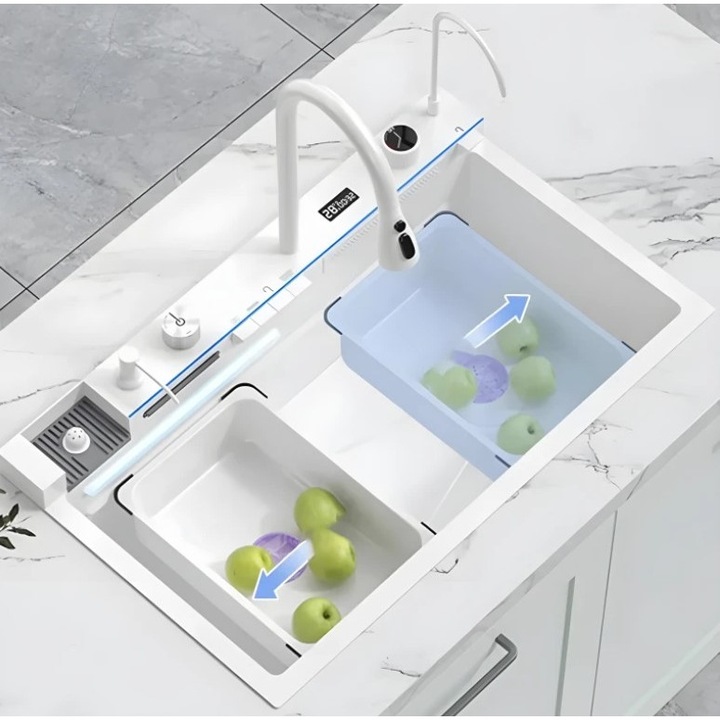 Chiuveta Multifunctionala de Bucatarie, cu Dus Extractibil, Spalator Pahare, Pipa Apa Filtrata, Reglaj Temperatura cu Display, Spalator Pahare, Suport Cutite, Curgere Cascada, Tavite Uscare, Inox, Alpincool™ Aqua 3, Alba