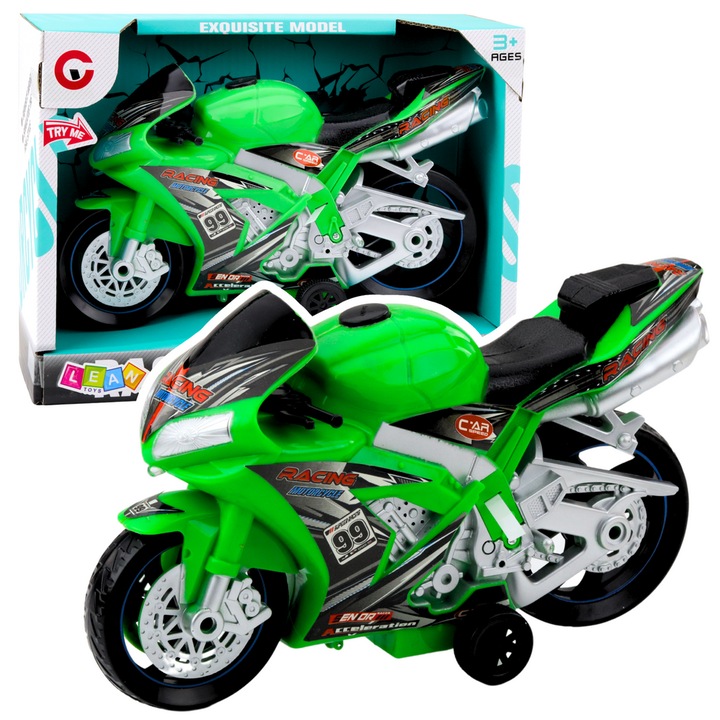 Играчка състезателен мотоциклет със светлини и звуци Lean Toys, Зелен, 24.5x15.5x8.5 см