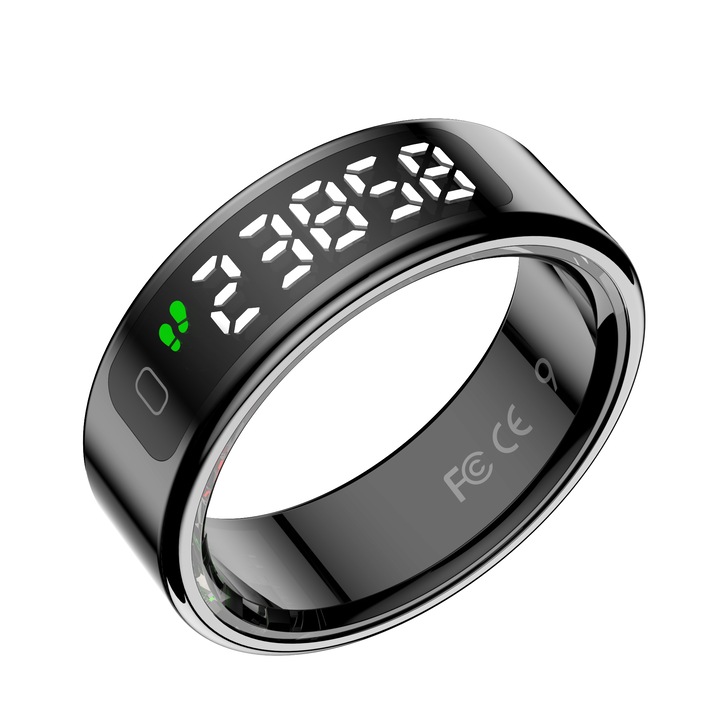 Inel Inteligent Smart Ring by VeReTech, cu Monitorizare Avansata, Puls, Pasi, Somn, Calorii si Stres, Afisaj LED, Functie de Controller, Bluetooth, Rezistent la Apa 1 ATM, Compatibil Android/iOS, Cu Incarcator Wireless Magnetic, Marimea 10, Negru
