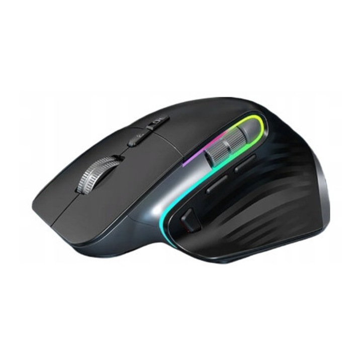 Mouse wireless, Silentios, ergonomic, vertical, 2, 4 GHz, 6 butoane, negru, setul include: mouse, receptor USB, cablu de incarcare Type-C, manual de utilizare, material: plastic, rezolutie 1000-4000 dpi, raza de actiune 10 m, interfata: Type-C