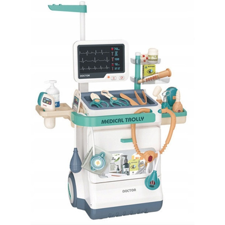 Set, Mic Doctor, Statie Medicala, 26 de accesorii, 3 ani+, Functie audio, Carucior, Culoare alba, Setul include: carucior cu panou ECG si radiografie, stetoscop, termometru, oglinda dentara, ciocan neurologic, seringa, foarfece chirurgicale, forceps chiru