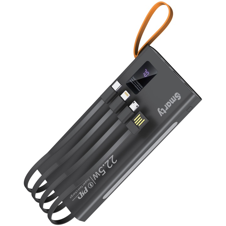 Acumulator si baterie externa Smarty® S511 Max Power, Tehnologie High Speed PD 22.5W, Powerbank 20000 mAh, Display Digital, iluminare LED, 4 cabluri incorporate, Negru