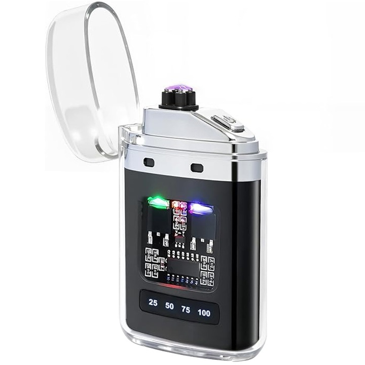 Bricheta electrica, reincarcabila, cu cablu USB, fara gaz, arc electric, afisaj LED nivel baterie, antivant, incandescenta, usoara si portabila, cutie cadou, Negru, OptimStar®