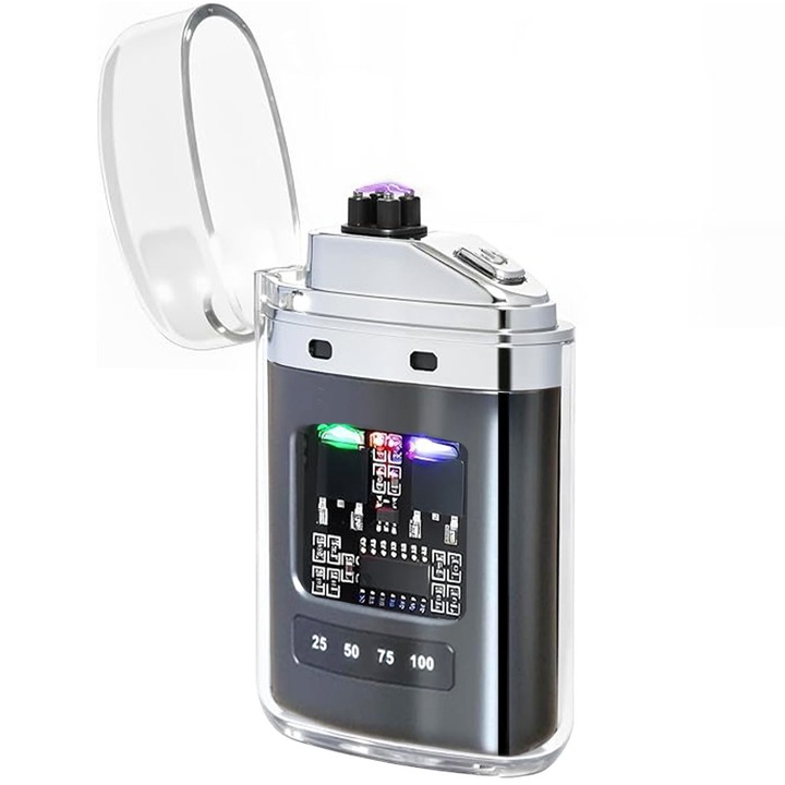 Bricheta electrica, reincarcabila, cu cablu USB, fara gaz, arc electric, afisaj LED nivel baterie, antivant, incandescenta, usoara si portabila, cutie cadou, Argintiu, OptimStar®