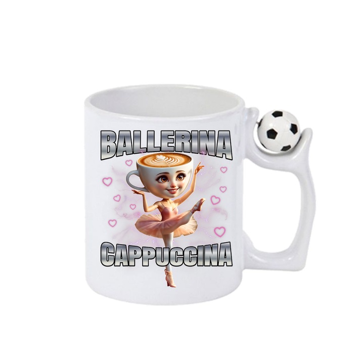 Cana Ballerina Capuucina Inimi Roz - Tralalero Tralala, Ceramica. Cri-Flo, Minge rotativa antistres, Maner si interior Alb-Negru