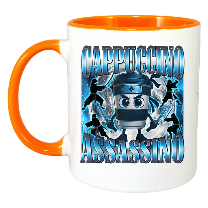 Cana Cappuccino Assassino Ninja Blue - Tralalero Tralala, Ceramica. Cri-Flo, Maner si interior Portocaliu
