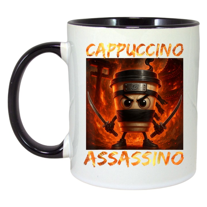 Cana Cappuccino Assassino Ninja Red - Tralalero Tralala, Ceramica. Cri-Flo, Maner si interior Negru