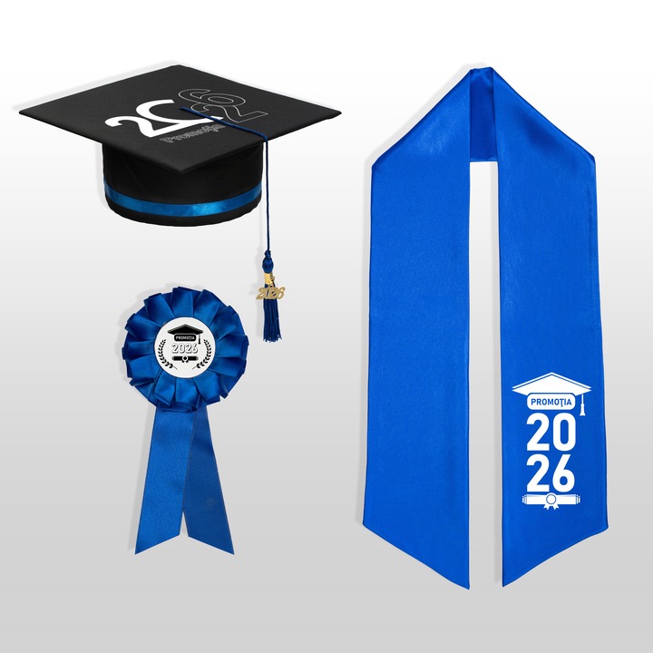 Set Absolvire – Toca, Esarfa si Cocarda, Personalizate 2026, Albastru, Ceremonie / Serbare, Sfarsit de An, Liceu, Facultate