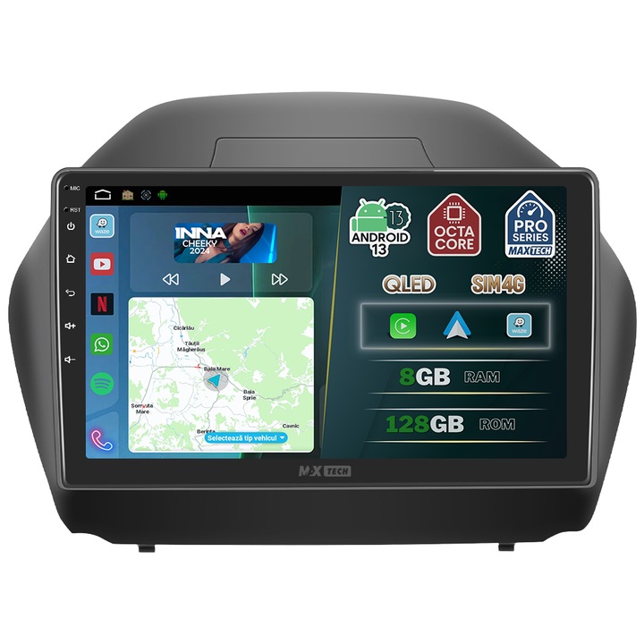 Navigatie Hyundai IX35 2009-2015 dedicata, MaxTech® PRO SERIES, 8 GB Ram 128 GB Rom OctaCore, Carplay & Android auto, Ecran 10” HD Touch, SIM 4G, GPS, Wifi, Bluetooth, Radio, EQ, Waze