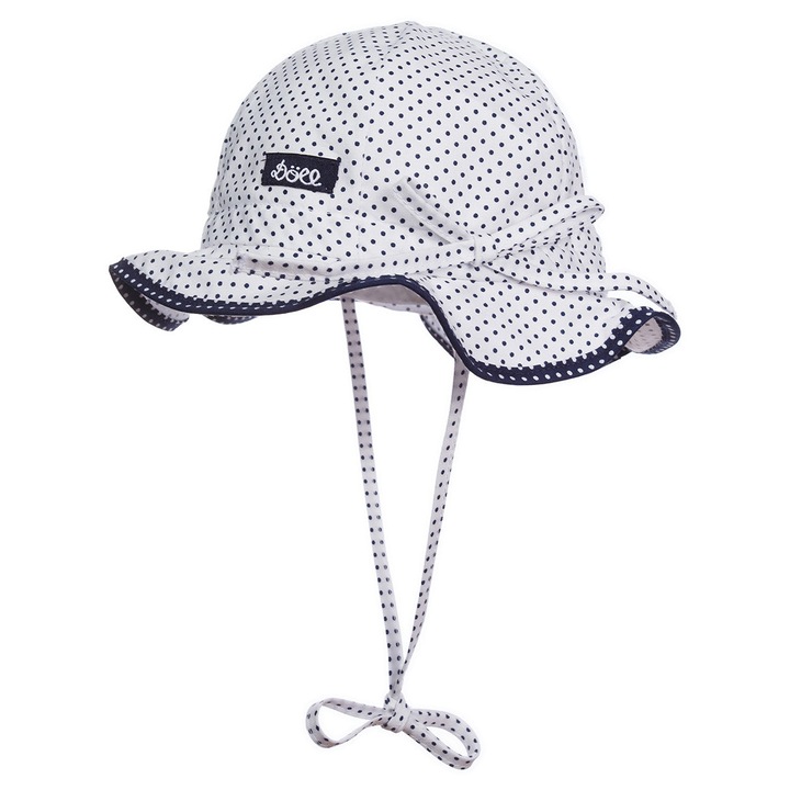 Gyerek sapka, fehér, kék szegéllyel, pamutból, UV-szűrőkkel, megkötőkkel