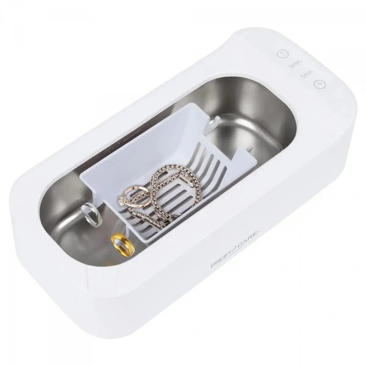 Aparat universal de curatare cu ultrasunete ProfiCare, sterilizeaza si dezinfecteaza bijuterii, ochelari, ceasuri, 2 moduri, sistem ultrasonic 43 kHz, capacitate 400 ml, panou de control sensor touch, silentios, alb