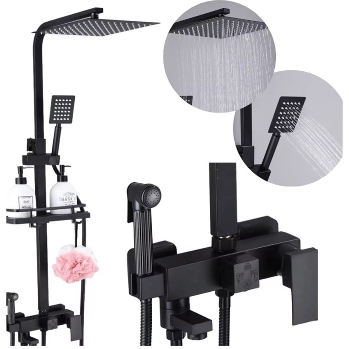 Комплект душ колона, Квадратна пита, Ръчен, Хигиеничен, За тоалетна, Поставка за душ гел, Цялостна система за баня, Включен смесител, Регулируема струя, Черна матова