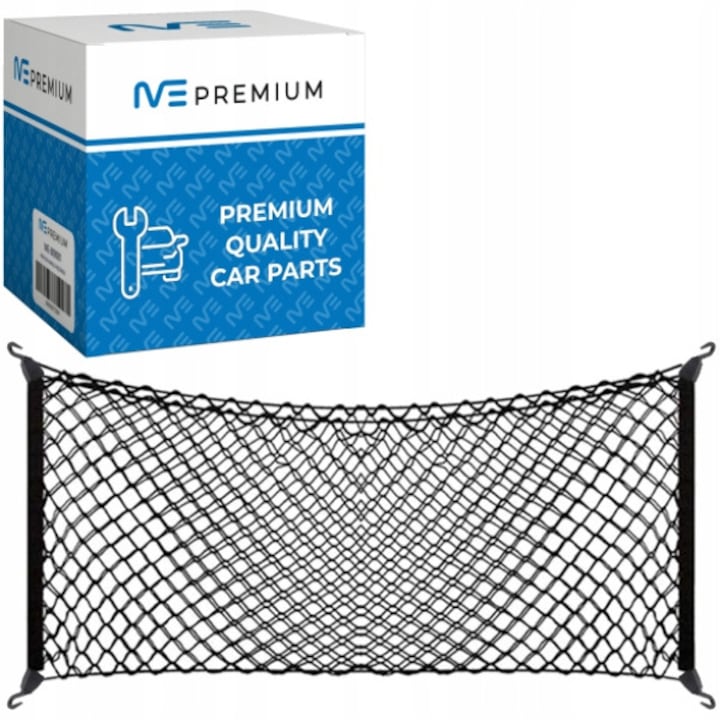 Органайзер за багажник, Me Premium, Закачена мрежа за безопасно транспортиране на различни предмети, Изработен от здрав материал с висока якост на опън, Подходящ за повечето модели автомобили, 100 x 40 см, Черен