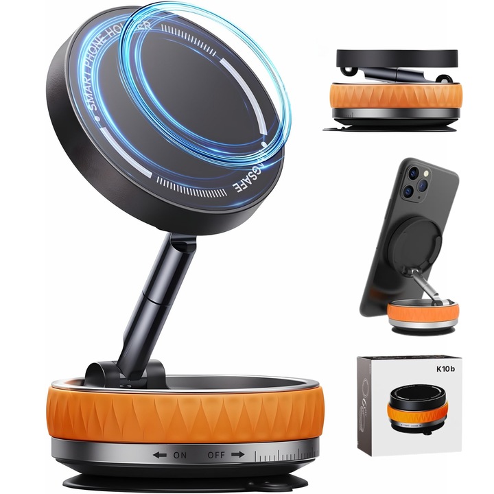 Narancssárga mágneses telefontartó ultraerős vákuumos markolattal – MagSafe kompatibilis, 360°-ban forgatható, összecsukható, ablakra, műszerfalra, tükörre rögzíthető – autóba, otthonra, irodába – mágneses gyűrűvel