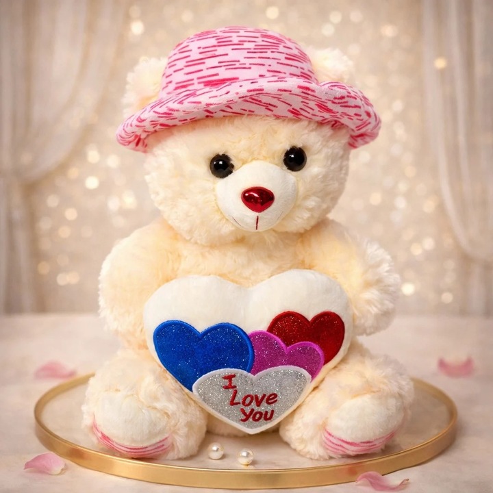Ursulet de plus Pudding, cu palarie satinata si inimioara imprimata "I Love You", inaltime 33 cm, Alb, Rosu