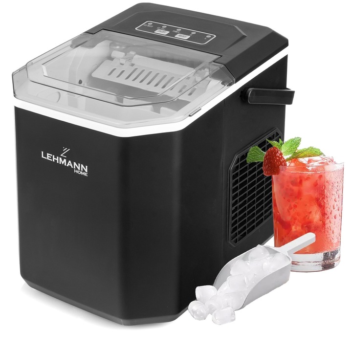 Masina cuburi de gheata Lehmann Frosty, 100W, 12kg/24h, Rezervor De Apa 1,3l, Doua Dimensiuni Pentru Cuburile De Gheata, 300x300x240mm, Negru