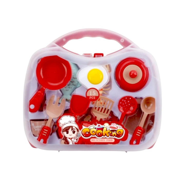 Играчка Хупи, 30x26x7 см, комплект кухненски прибори, преносима, пластмаса, червена, 15 части, 03+ години