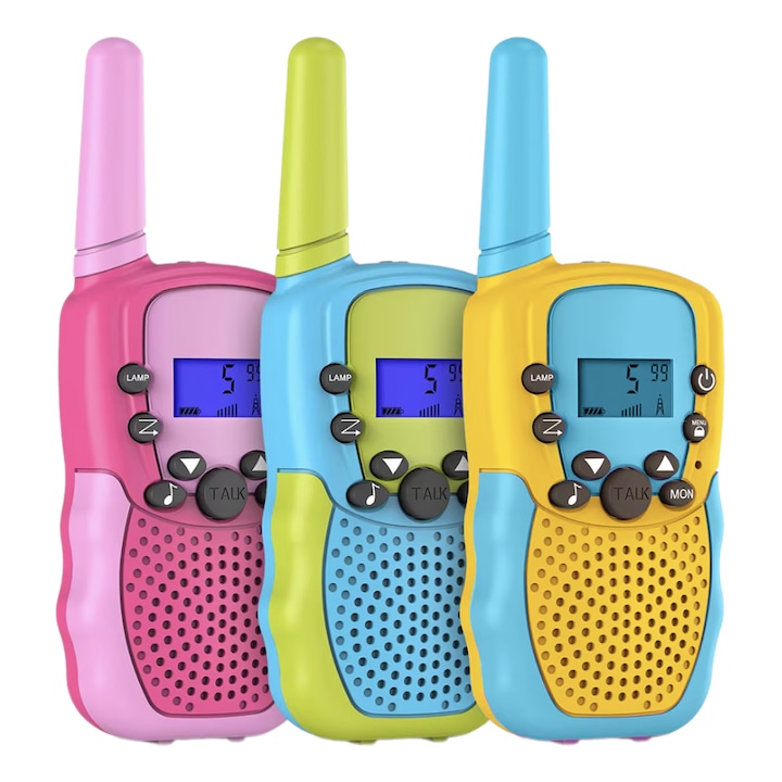 Set 3 Walkie Talkie pentru copii, WaltStore®, Plastic, Ecran LCD, 6Km, 22 Canale, Multicolor
