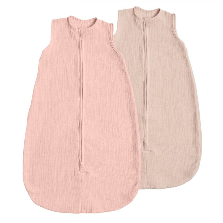 Set 2 saci de dormit de vara pentru copii din muselina dubla 0-6 luni Kidizi® old rosa - natur bumbac 100%, 0.3 tog