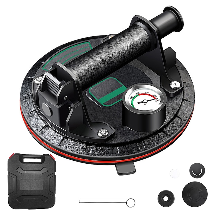 Вендуза с вакуумна помпа и манометър, qipuneky, 8 инча, 2 батерии включени, капацитет 250 кг, черна