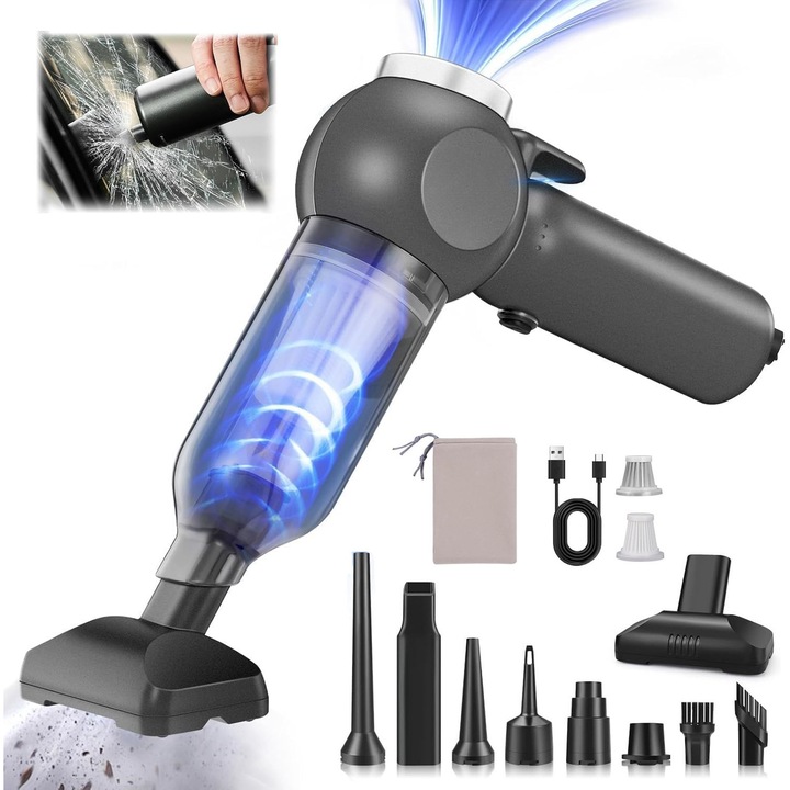 Aspirator Auto Portabil 16000Pa 3 Viteze Talzov®, Motor fara perii, Autonomie 30 min, 6000mAh, 120W, cu sparge geamurile masinii si taietorul centurii de siguranta, Gri