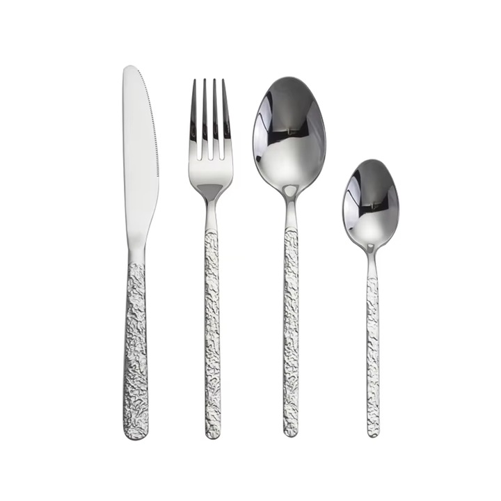 Set tacamuri premium din inox 18/10 304, 24 piese, Maner elegant textura piatra, 6 x Cutit, 6 x Furculita, 6 x Lingura, 6 x Lingurita, Culoare Argintiu