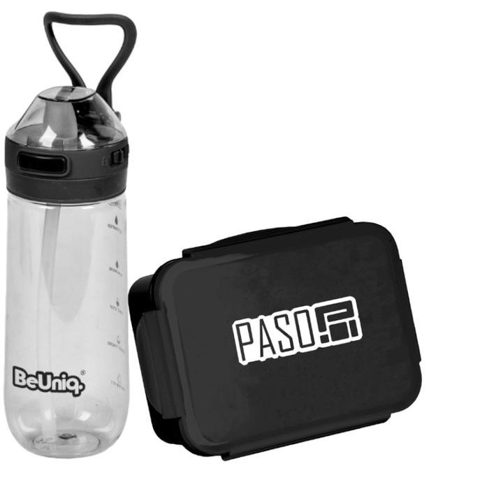 Комплект кутия за храна и бутилка за вода PASO, 100% херметичен, лек, Нетоксичен, 17x11x7 см, 22.5x7.5 см, 650 мл
