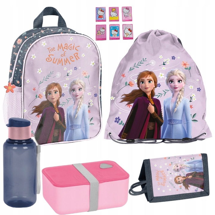 Set rucsac si accesorii PASO Frozen, 5 piese, roz, dimensiuni rucsac 28x22x10cm, dimensiuni sac 38x34cm, dimensiuni portofel 12x8x2cm, bidon 19x8,5x9cm, cutie pranz 17x11x7cm