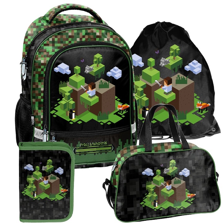 PASO Minecraft iskolatáska szett, 4 darabos, 38x29x17cm, 550g, többszínű