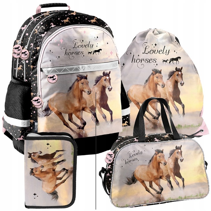 Ghiozdan scolar PASO, set 4 piese, 2 compartimente, elemente reflectorizante, multicolor, 42x29x17cm