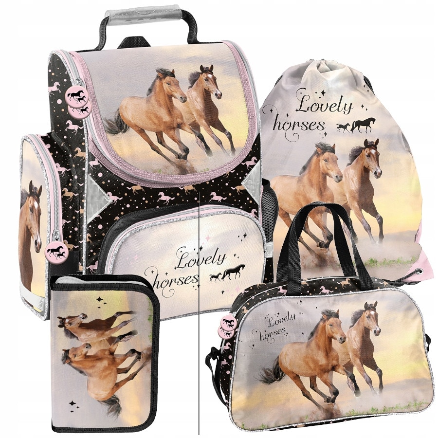 Set scolar PASO ghiozdan cai 41x27x15cm penar 19.5x13x3.5cm sac