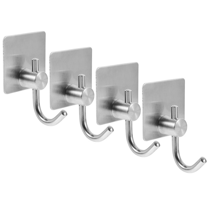 Set 4 carlige adezive din otel inoxidabil, argintiu, 5x4.5x8cm
