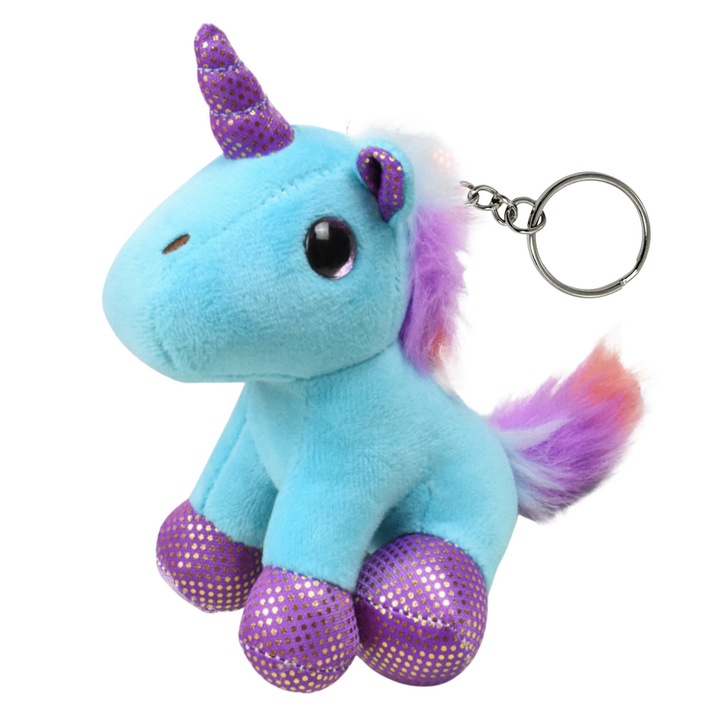 Breloc unicorn plusat, LEAN TOYS, 12x10x6cm, blekuit cu detalii violet si grasime colorata, cu cerc metalic