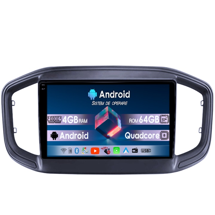 Navigație dedicată Fiat, 4GB RAM, 64GB ROM, octa-core, QLED 1K 9", suport Carplay și Android Auto