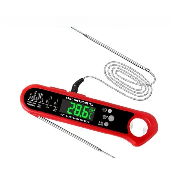 Termometru pentru carne, Ronyes, cablu 100CM, interval de temperatura -50 la 300C, inox, culoare rosie