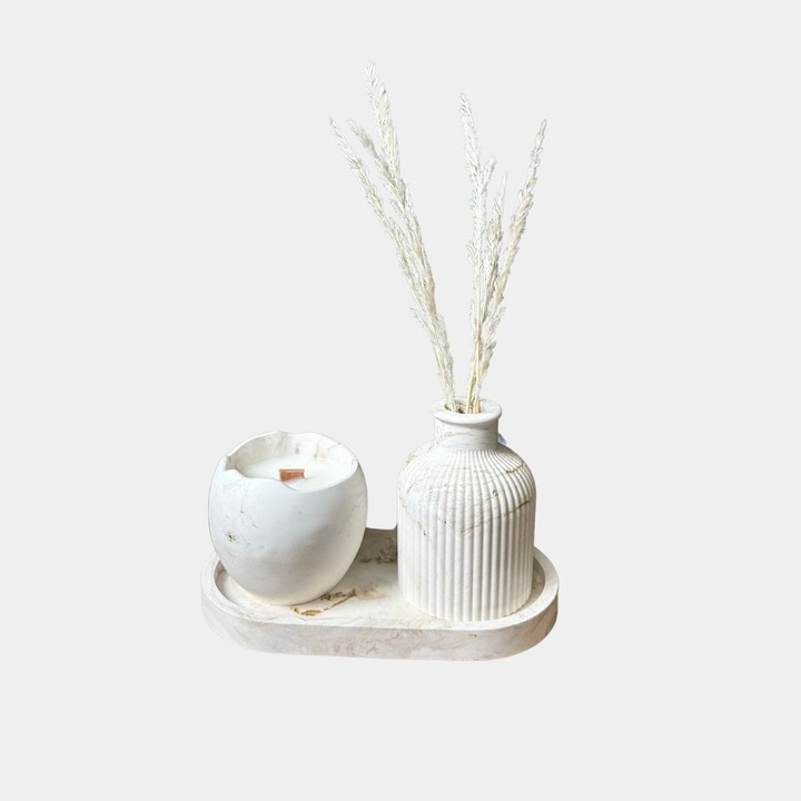 Комплект Декоративен поднос • Ваза • Ароматна Свещ, Керамика и Соев Восък