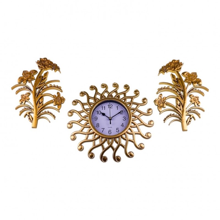 Ceas din plastic, de perete, cu flori pe lateral, 60x25 cm, auriu